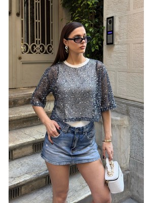 Bejna Kadın Siyah Atletli Pullu File Bluz