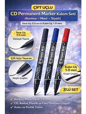 Lacco Çift Uçlu CD Permanent Marker 3'lü Set (Kırmızı – Mavi – Siyah) | Ince Uç 0.5 mm & Kalın Uç 1.0 mm