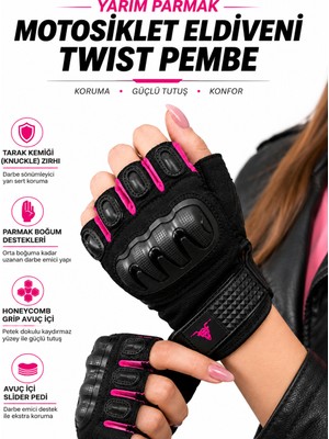 Motokit Twist Pembe / Yarım Parmak - Kaymaz Avuç İçi Kadın Motosiklet Eldiveni L