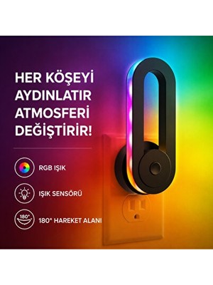 Orvessa Akıllı Rgb Dönebilen Duvar Priz Lambası, Renkli ve Kontrollü Atmosfer Masa ve Gece Lambası