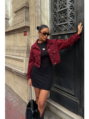 Bacc Bordo Çift Cep Denim Crop Ceket