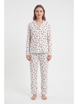 Fames Önden Düğmeli Waffle Kumaş Kiraz Desen Mevsimlik Pijama Takım