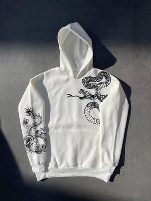 Aisha Elbise Uzun Kol Kapşonlu Baskılı Sweatshirt - Beyaz