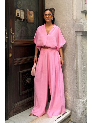 Bejna Kadın V Yaka Bluz Geniş Paça Pantolon Oversize Modal Dokulu Takım