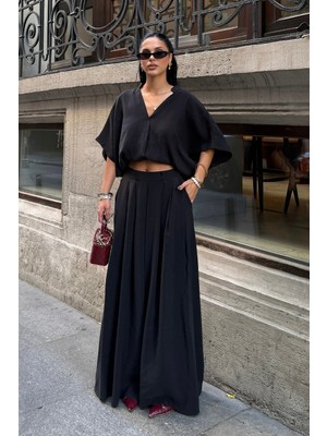 Bejna Kadın V Yaka Bluz Geniş Paça Pantolon Oversize Modal Dokulu Takım