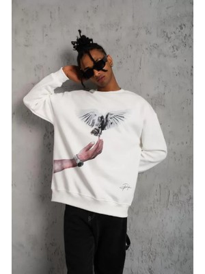 Aisha Elbise Erkek Güvercin Baskılı Sweatshirt - Beyaz