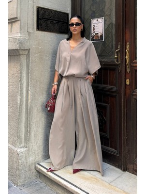 Bejna Kadın V Yaka Bluz Geniş Paça Pantolon Oversize Modal Dokulu Takım