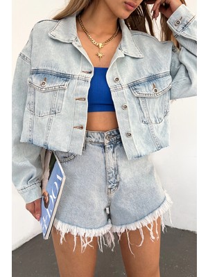Bacc Buz Mavi Çift Cepli Lazer Kesim Yıkamalı Crop Denim Ceket