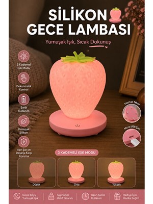 Orvessa Şarjlı Dokunmatik Çilek Pembe Gece Lambası - Renkli ve Taşınabilir Masa ve Gece Lambası