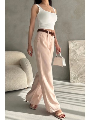 Bacc Toz Pembe Beli Kemerli Keten Pantolon