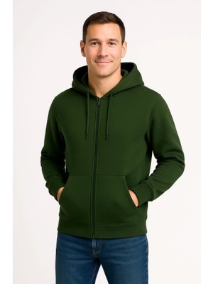 Aisha Elbise Erkek Üç Iplik Kapüşonlu Tam Fermuarlı Kanguru Çepli Sweatshirt Hoodie - Haki