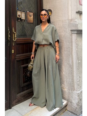Bejna Kadın V Yaka Bluz Geniş Paça Pantolon Oversize Modal Dokulu Takım