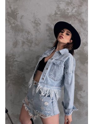 Bacc Buz Mavi Saçak Detaylı Denim Ceket