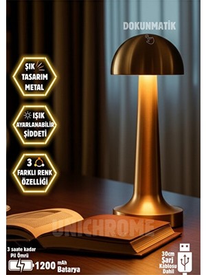 Normadia Vaelmont Altın Renkli Metal Dokunmatik Mantar Masa Lambası - 3 Işık Seçeneği Masa ve Gece Lambası