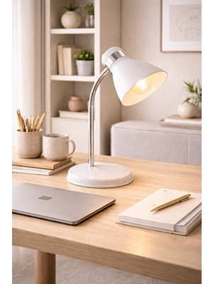 Normadia Vaelmont Modern Yön Ayarlı Beyaz-Krom Çalışma Masası Lambası, Ofis ve Öğrenci Için