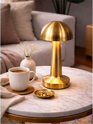 Solvéra Metal Gövdeli Gold Renkli Mantar Masa Lambası - Kablosuz ve Çok Renkli Masa ve Gece Lambası
