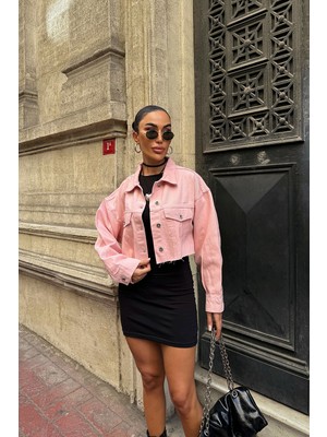 Bacc Pembe Çift Cepli Lazer Kesim Yıkamalı Crop Denim Ceket