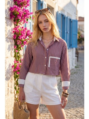 Bacc Bordo Manşet ve Cepleri Garnili Çizgili Oversize Crop Dokuma Gömlek