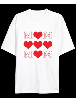 Aisha Elbise Anneler Günü Hediye Mom Kalp Baskılı Oversize Bisiklet Yaka T-Shirt - Beyaz