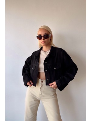 Bacc Siyah Çift Cepli Lazer Kesim Yıkamalı Crop Denim Ceket