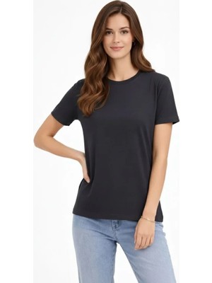 Aisha Elbise Bisiklet Yaka Tişört Regular Kalıp Basic Pamuklu Günlük Kullanım T-Shirt - Füme