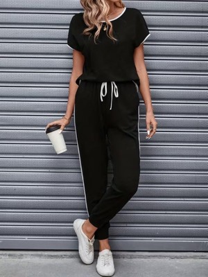 Aisha Elbise Kadın Kısa Kollu Yuvarlak Yakalı Şerit Detaylı Viskon Iki Iplik Bluz ve Pantolon Ikili Takım