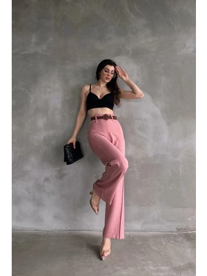 Bacc Pudra Beli Kemerli Keten Pantolon