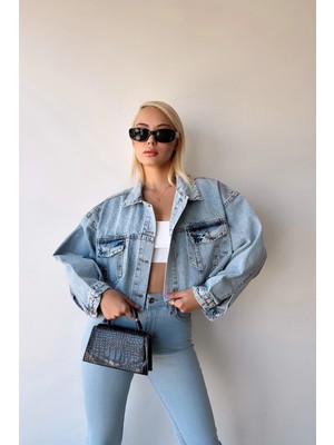 Bacc Buz Mavi Çift Cepli Lazer Kesim Yıkamalı Crop Denim Ceket