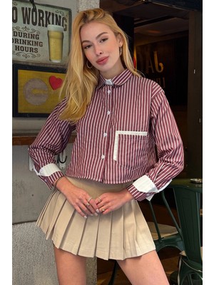 Bacc Bordo Manşet ve Cepleri Garnili Çizgili Oversize Crop Dokuma Gömlek