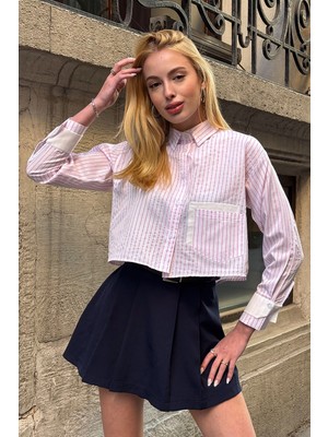 Bacc Pembe Çizgili Manşet ve Cepleri Garnili Çizgili Oversize Crop Dokuma Gömlek