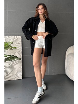 Bacc Siyah Düğmeli Çift Cep Oversize Denim Gömlek Ceket
