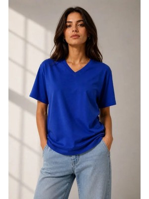 Aisha Elbise V Yaka Basic Tişört Kısa Kol Yazlık Regular Fit T-Shirt - Saks Mavisi