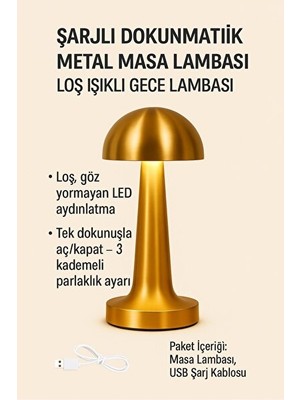 Orvessa Loş Işık Seçeneği Sunan Şarjlı Metal Masa Lambası Masa ve Gece Lambası
