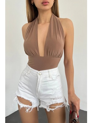 Bacc Beyaz Yıkamalı Lazer Yırtıklı Mini Denim Şort