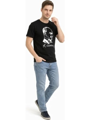 Aisha Elbise Erkek Atatürk Baskılı Tişört Kısa Kollu Bisiklet Yaka T-Shirt - Siyah