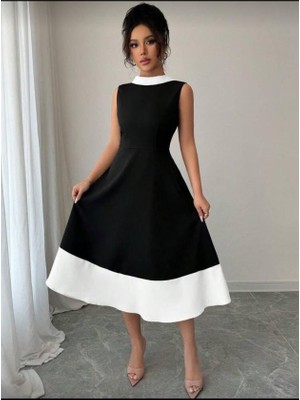 Aisha Elbise Kadın Bisiklet Yaka Çift Renk Çan Etek Detay Krep Kumaş Maxi Boy Elbise