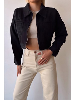 Bacc Siyah Çift Cepli Fermuarlı Yıkamalı Crop Denim Ceket
