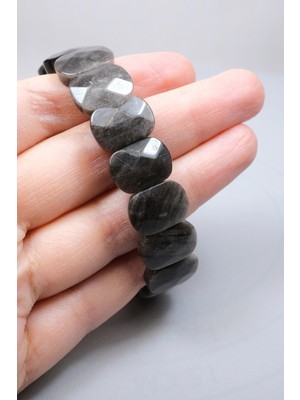 Healcrystal Gece Gökyüzünün Gümüş Şifası: Parlak Oval Faset Kesim Silver Obsidyen Bileklik
