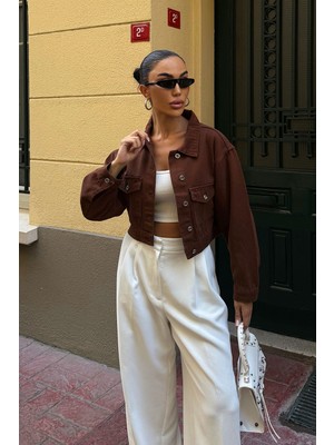 Bacc Kahverengi Çift Cep Denim Crop Ceket