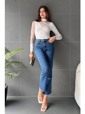 Bacc Beyaz Yarım Balıkçı Tül Detaylı Bluz