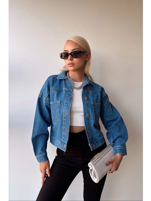 Bacc Mavi Çift Cepli Crop Yıkamalı Denim Ceket