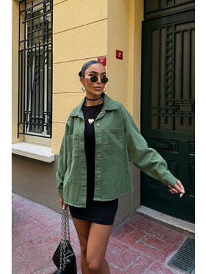Bacc Haki Çift Cepli Yıkamalı Denim Gömlek Ceket