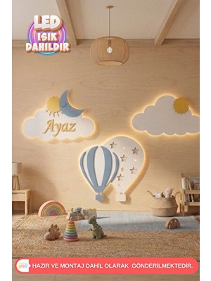 Solvéra Kişiye Özel 3’lü Bulut ve Balon LED Gece Lambası, Ahşap Duvar Dekoru Masa ve Gece Lambası