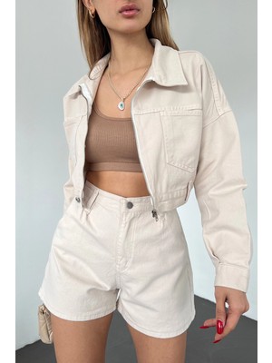 Bacc Bej Çift Cepli Fermuarlı Yıkamalı Crop Denim Ceket