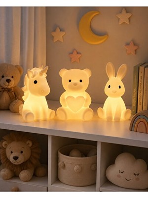 Orvessa Çocuklar Için Unicorn ve Tavşan Temalı LED Mumluk Seti Masa ve Gece Lambası