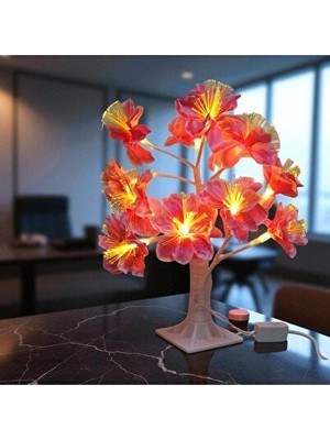 Orvessa Kırmızı Çiçekli LED Fiber Optik Masa Ağacı - Dekoratif ve Aydınlatıcı Masa ve Gece Lambası
