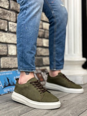ET0336 Içi Dışı Hakiki Nubuk Deri Haki Bağcıklı Casual Erkek Ayakkabı