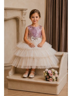 Deep Look Kids Wear Lavanta Pembesi Payetli Kat Kat Tül Etekli Kız Çocuk Abiye