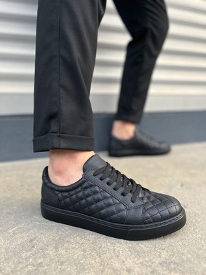 JET-166 Prestige Bağcıklı Cilt Kapitone Desenli Erkek Günlük Sneaker Ayakkabı Cst - Siyah