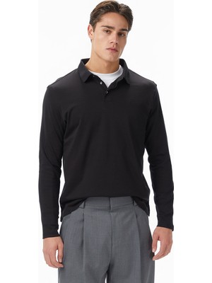 Calvin Klein Supima Cotton Solid Erkek Siyah Uzun Kollu Polo
